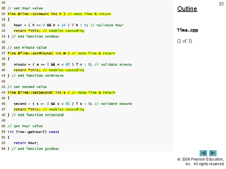 Outline 32 Time. cpp (2 of 3) 2006 Pearson Education, Inc. All rights reserved.
