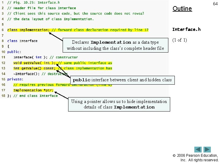 Outline 64 Interface. h Declares Implementation as a data type without including the class’s