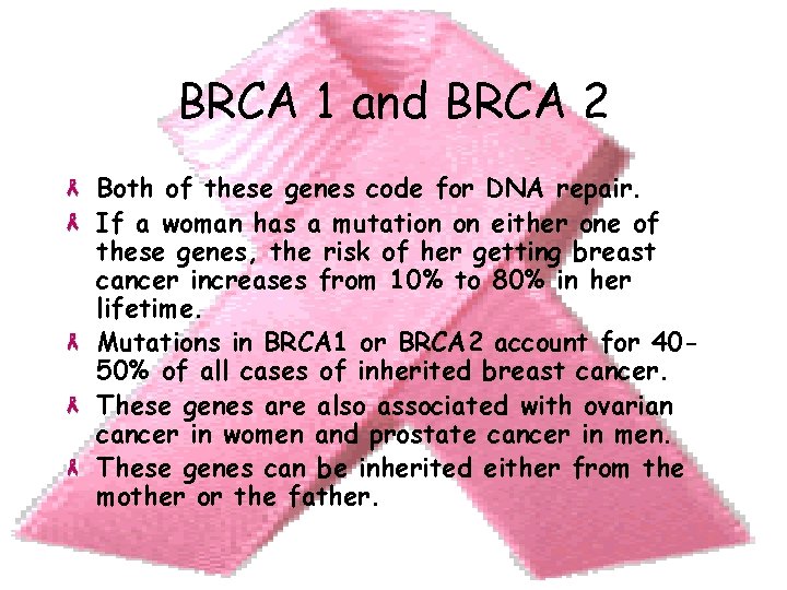 BRCA 1 and BRCA 2 Both of these genes code for DNA repair. If
