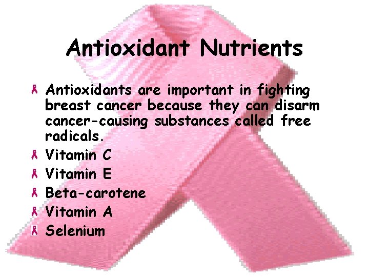 Antioxidant Nutrients Antioxidants are important in fighting breast cancer because they can disarm cancer-causing