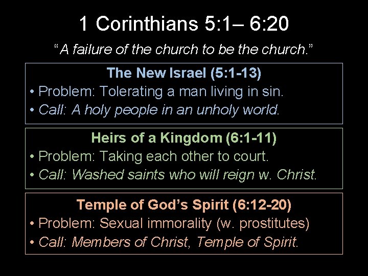 1 Corinthians 5: 1– 6: 20 “A failure of the church to be the