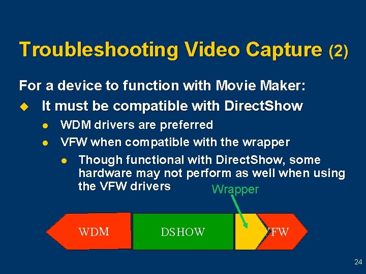 Troubleshooting Video Capture (2) For a device to function with Movie Maker: u It