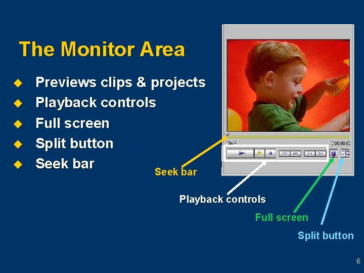 The Monitor Area u u u Previews clips & projects Playback controls Full screen