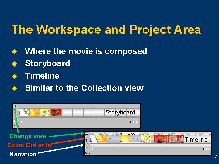 The Workspace and Project Area u u Where the movie is composed Storyboard Timeline