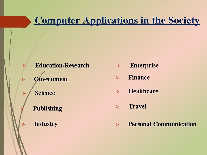 Computer Applications in the Society Ø Education/Research Ø Government Ø Finance Ø Science Ø