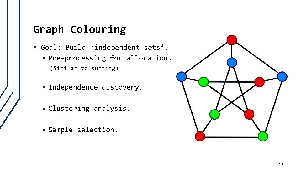 Graph Colouring § Goal: Build ‘independent sets’. § Pre-processing for allocation. (Similar to sorting)