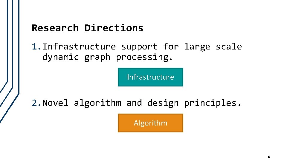 Research Directions 1. Infrastructure support for large scale dynamic graph processing. Infrastructure 2. Novel