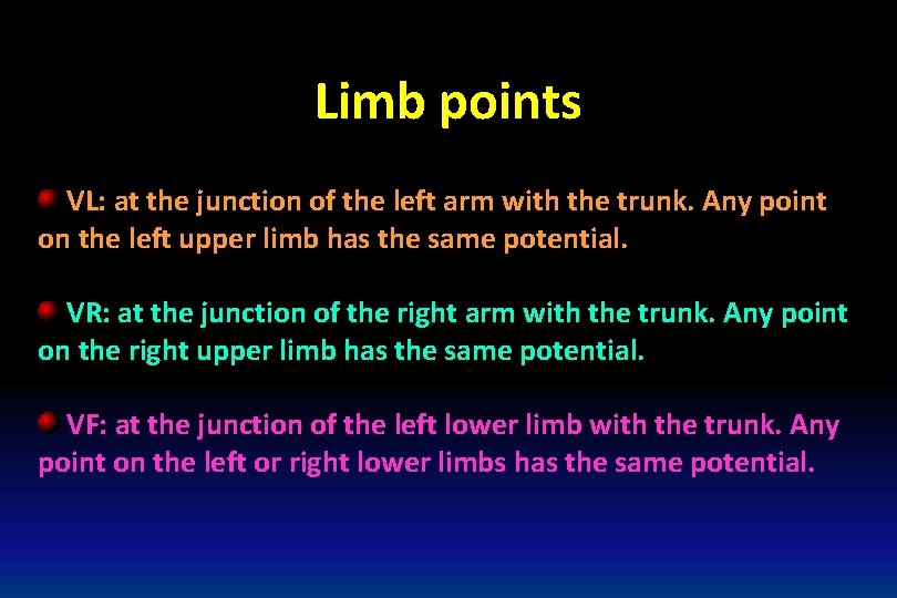 Limb points VL: at the junction of the left arm with the trunk. Any