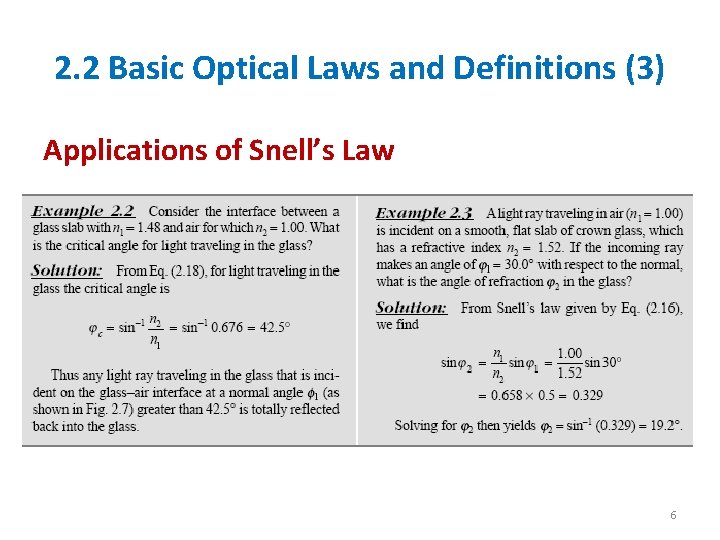 2. 2 Basic Optical Laws and Definitions (3) Applications of Snell’s Law 6 2. 2 Basic Optical Laws and Definitions (3) Applications of Snell’s Law 6