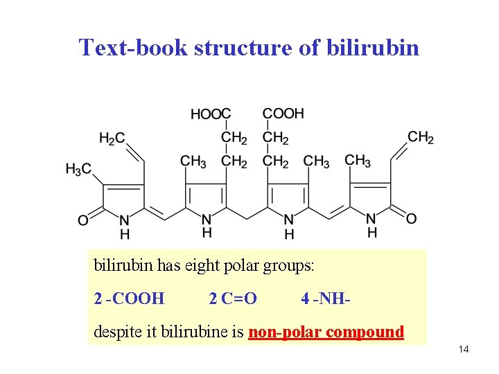 Text-book structure of bilirubin has eight polar groups: 2 -COOH 2 C=O 4 -NH-