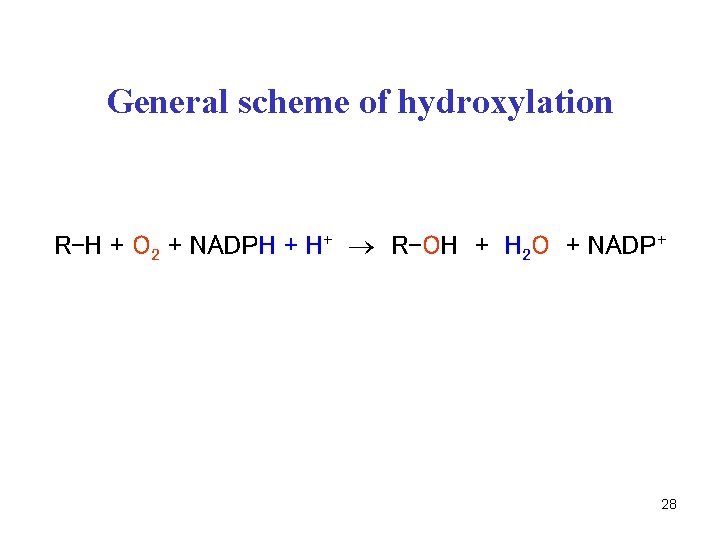 General scheme of hydroxylation R-H + O 2 + NADPH + H+ R-OH +