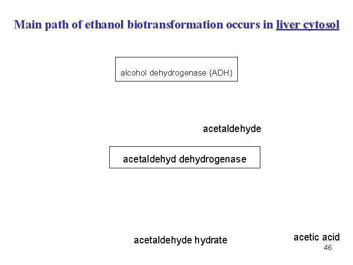 Main path of ethanol biotransformation occurs in liver cytosol alcohol dehydrogenase (ADH) acetaldehyde acetaldehydrogenase