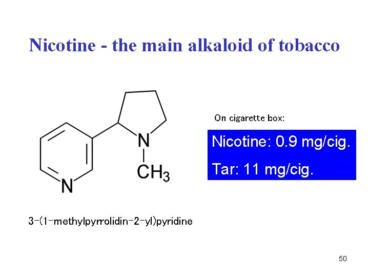 Nicotine - the main alkaloid of tobacco On cigarette box: Nicotine: 0. 9 mg/cig.