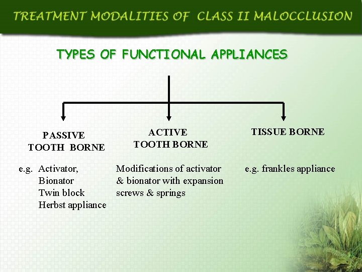 TYPES OF FUNCTIONAL APPLIANCES PASSIVE TOOTH BORNE ACTIVE TOOTH BORNE e. g. Activator, Modifications