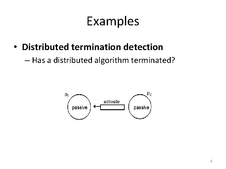 Examples • Distributed termination detection – Has a distributed algorithm terminated? 6 