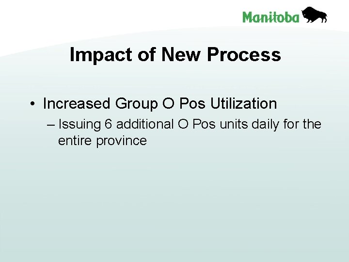 Impact of New Process • Increased Group O Pos Utilization – Issuing 6 additional
