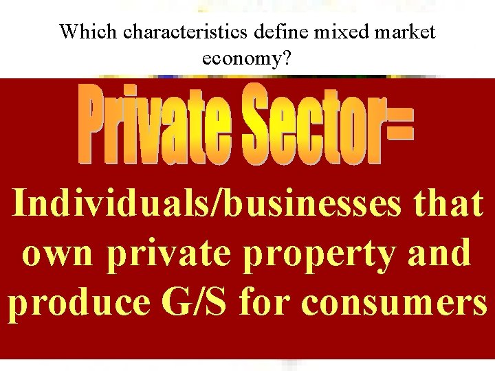Which characteristics define mixed market economy? Individuals/businesses that own private property and produce G/S
