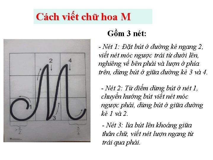 Cách viết chữ hoa M Gồm 3 nét: - Nét 1: Đặt bút ở