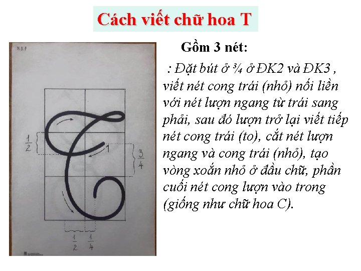 Cách viết chữ hoa T Gồm 3 nét: : Đặt bút ở ¾ ở