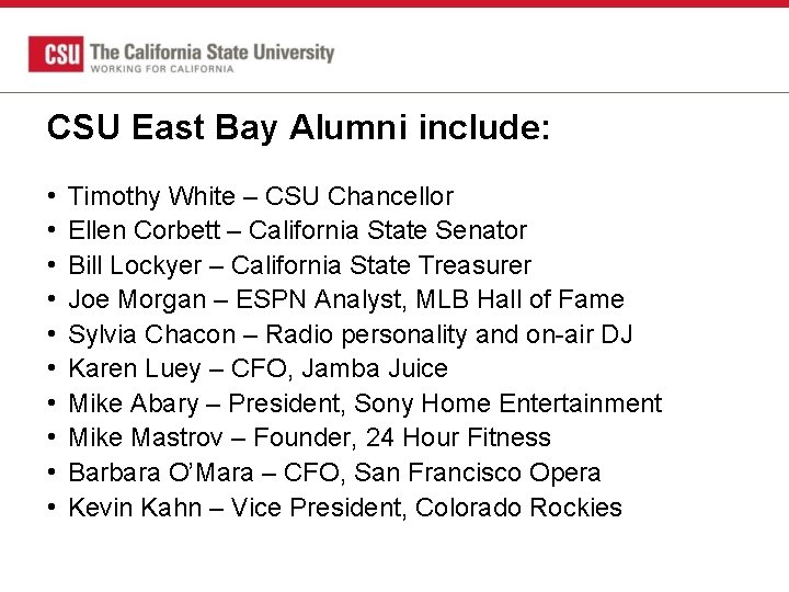 CSU East Bay Alumni include: • • • Timothy White – CSU Chancellor Ellen