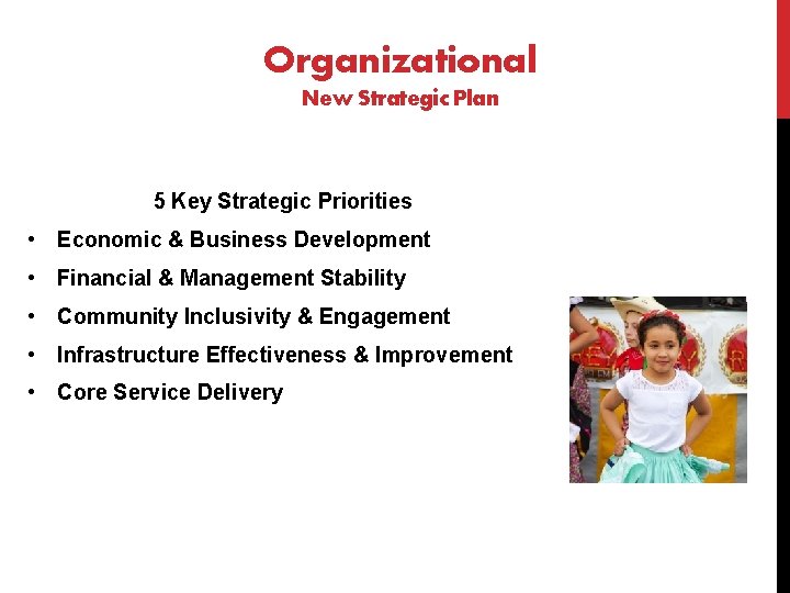 Organizational New Strategic Plan 5 Key Strategic Priorities • Economic & Business Development •