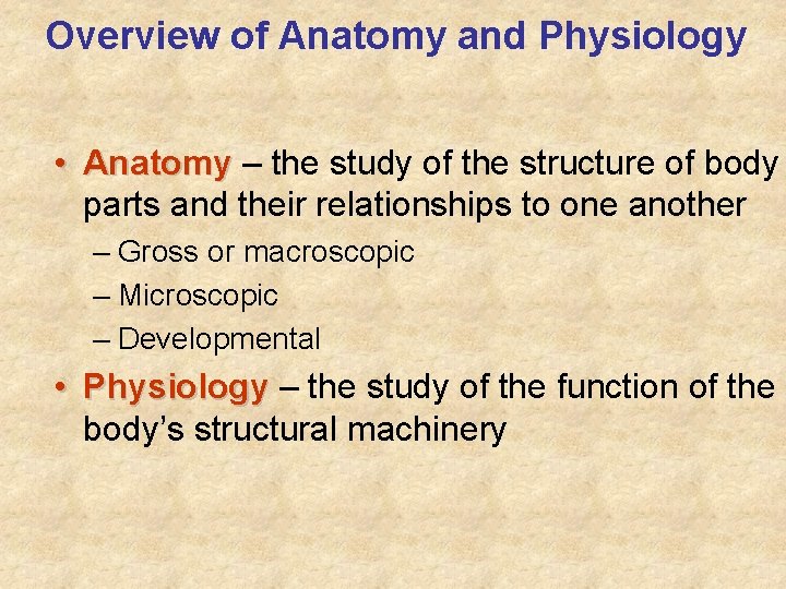 Overview of Anatomy and Physiology • Anatomy – the study of the structure of