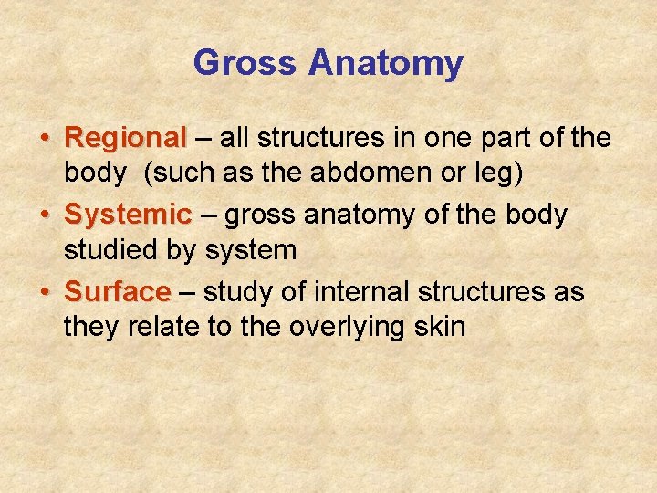 Gross Anatomy • Regional – all structures in one part of the body (such