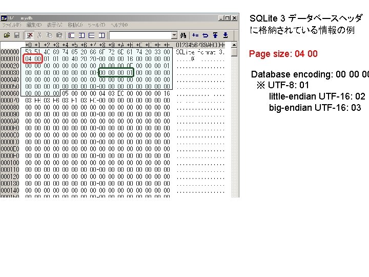 SQLite 3 データベースヘッダ に格納されている情報の例 Page size: 04 00 Database encoding: 00 00 00 ※