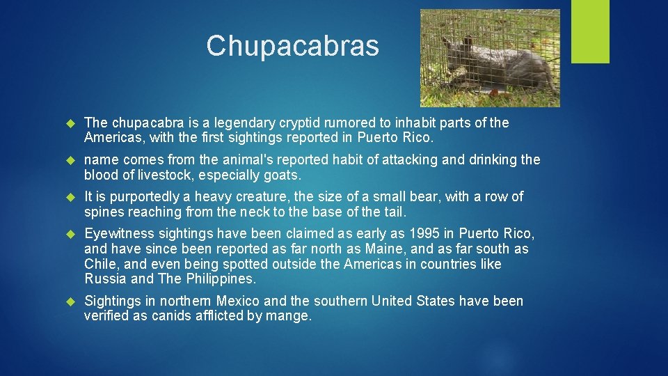 Chupacabras The chupacabra is a legendary cryptid rumored to inhabit parts of the Americas,