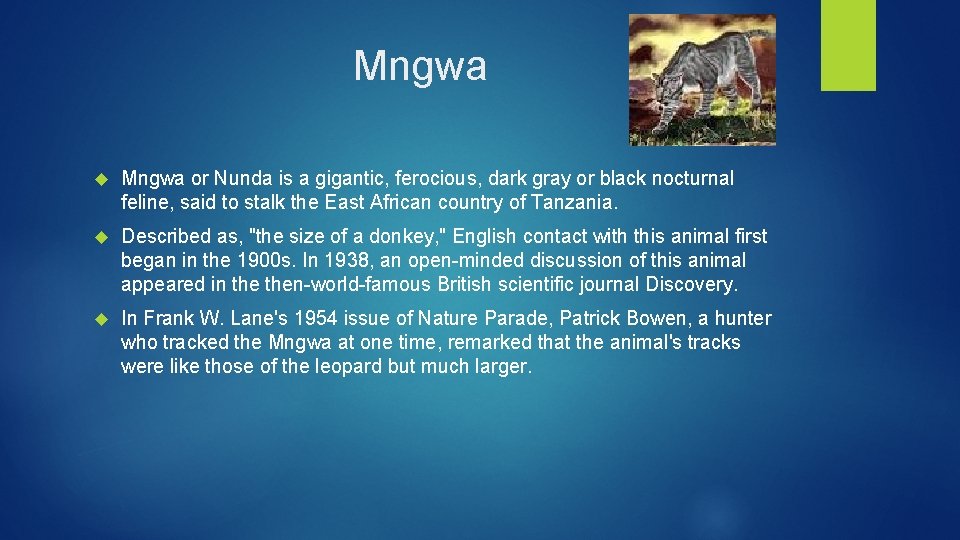 Mngwa or Nunda is a gigantic, ferocious, dark gray or black nocturnal feline, said