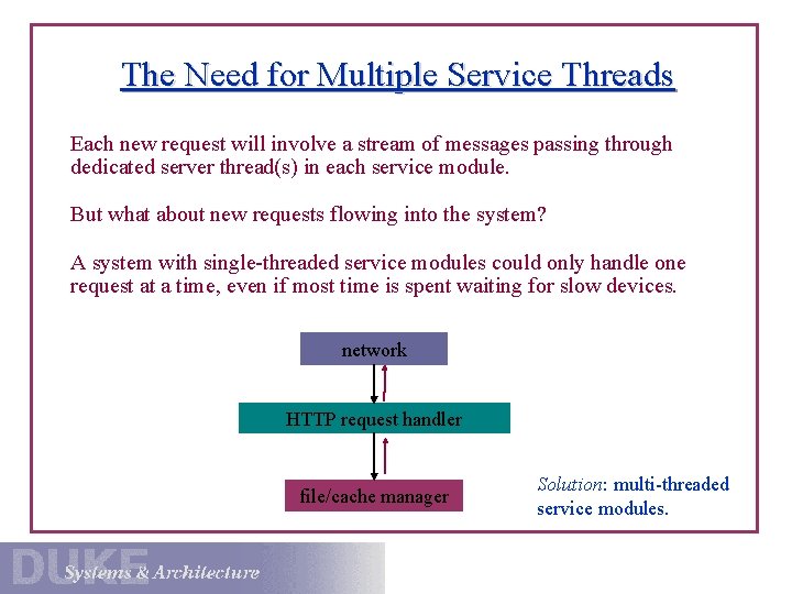 The Need for Multiple Service Threads Each new request will involve a stream of