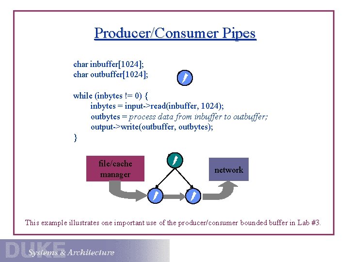 Producer/Consumer Pipes char inbuffer[1024]; char outbuffer[1024]; while (inbytes != 0) { inbytes = input->read(inbuffer,