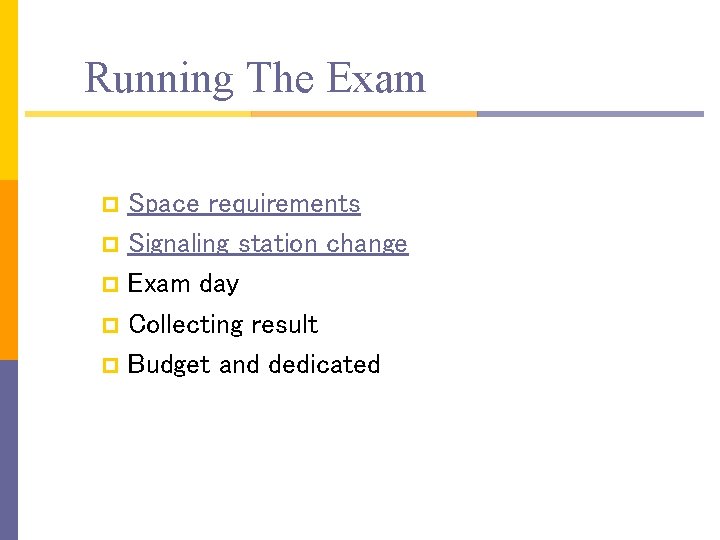 Running The Exam Space requirements p Signaling station change p Exam day p Collecting