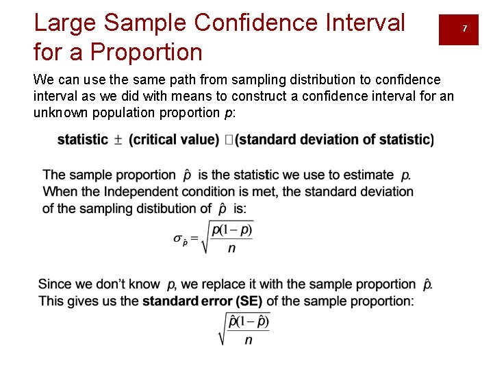 Large Sample Confidence Interval for a Proportion We can use the same path from