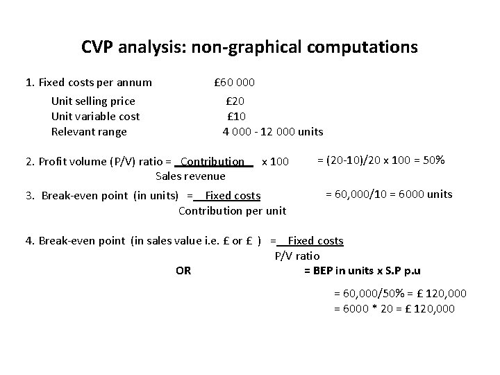 CVP analysis: non-graphical computations 1. Fixed costs per annum Unit selling price Unit variable