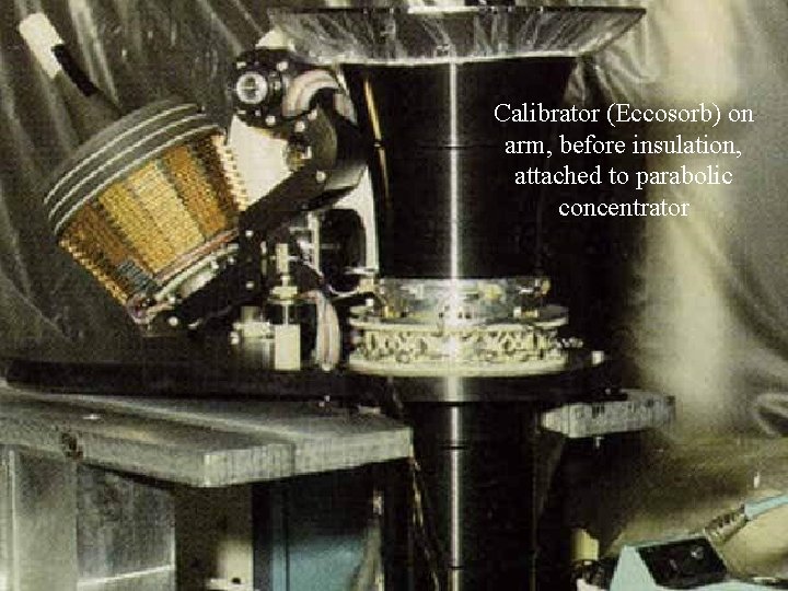 Calibrator (Eccosorb) on arm, before insulation, attached to parabolic concentrator 