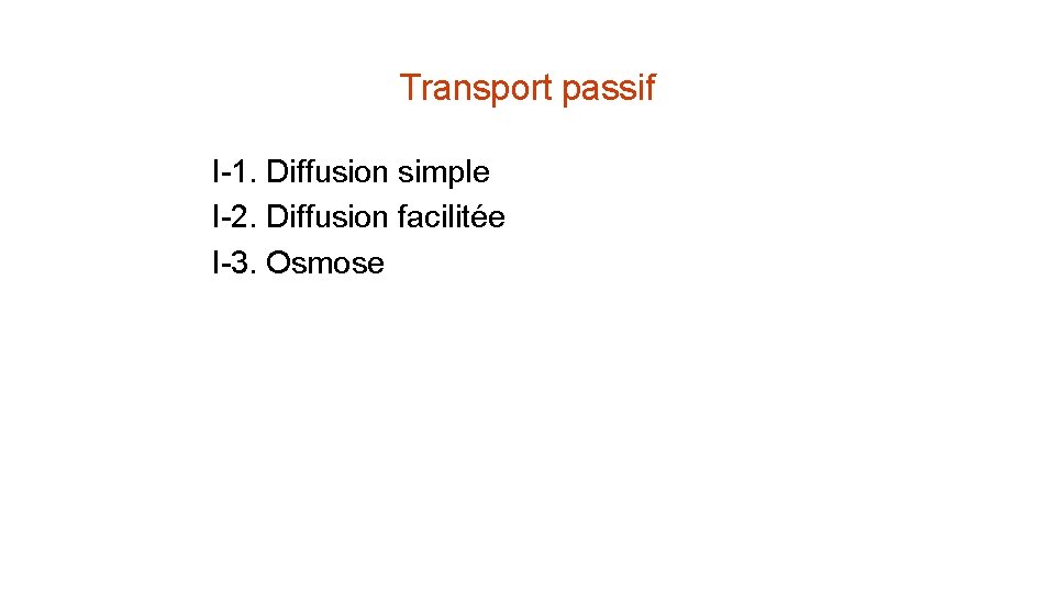 Transport passif I-1. Diffusion simple I-2. Diffusion facilitée I-3. Osmose 