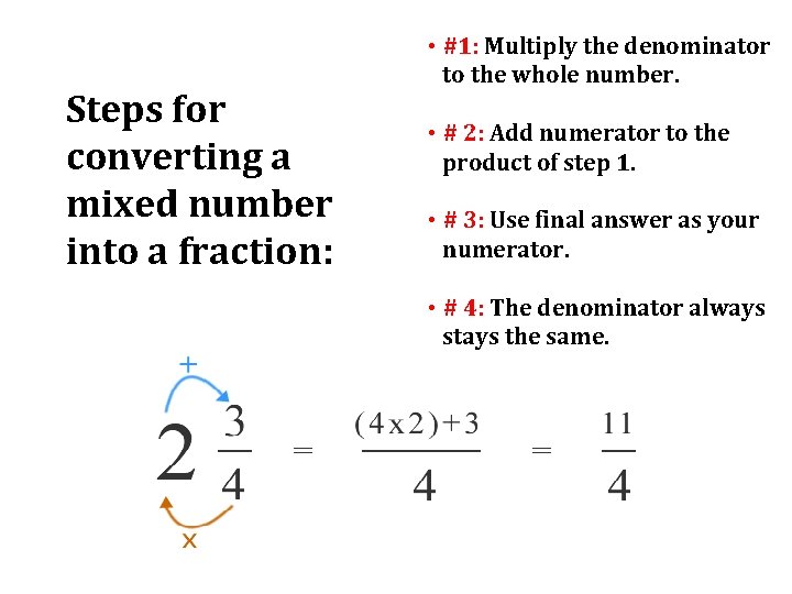Steps for converting a mixed number into a fraction: • #1: Multiply the denominator