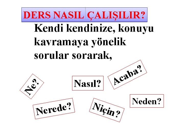 DERS NASIL ÇALIŞILIR? Ne ? Kendi kendinize, konuyu kavramaya yönelik sorular sorarak, ? e