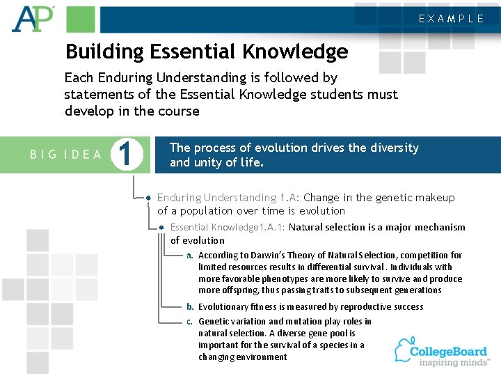 EXAMPLE Building Essential Knowledge Each Enduring Understanding is followed by statements of the Essential