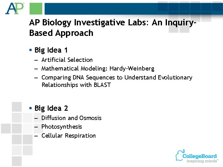 AP Biology Investigative Labs: An Inquiry. Based Approach § Big Idea 1 – Artificial