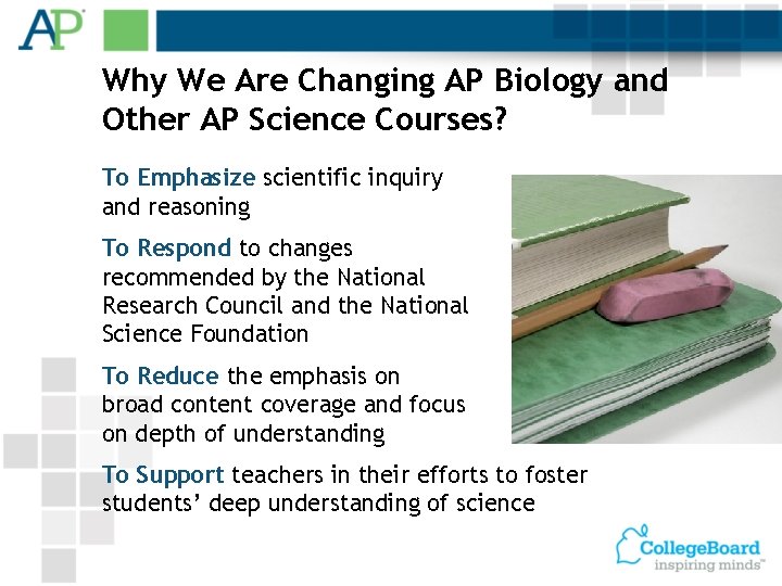Why We Are Changing AP Biology and Other AP Science Courses? To Emphasize scientific