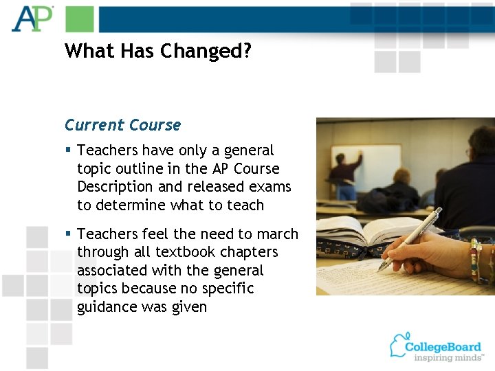 What Has Changed? Current Course § Teachers have only a general topic outline in