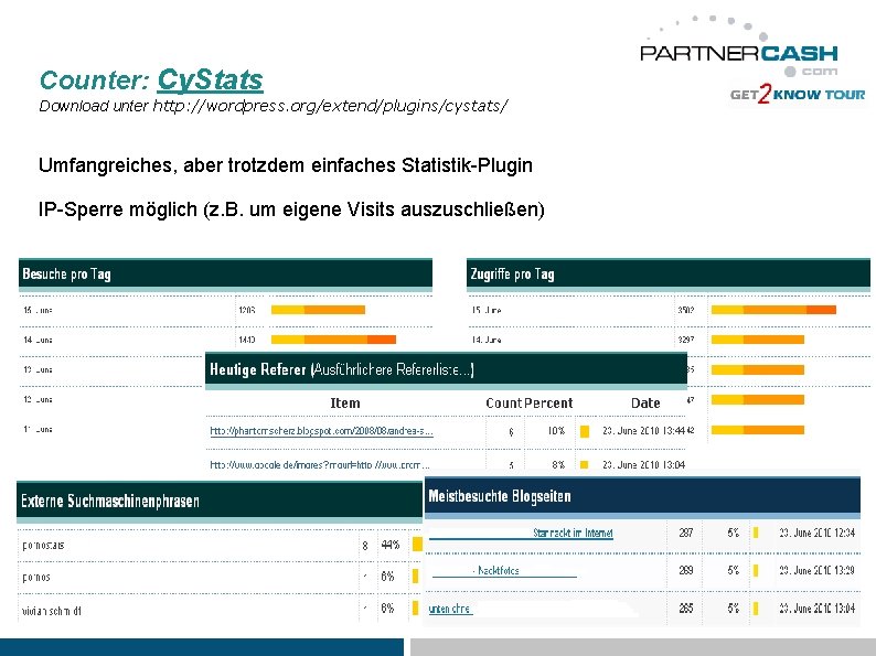 Counter: Cy. Stats Download unter http: //wordpress. org/extend/plugins/cystats/ Umfangreiches, aber trotzdem einfaches Statistik-Plugin IP-Sperre