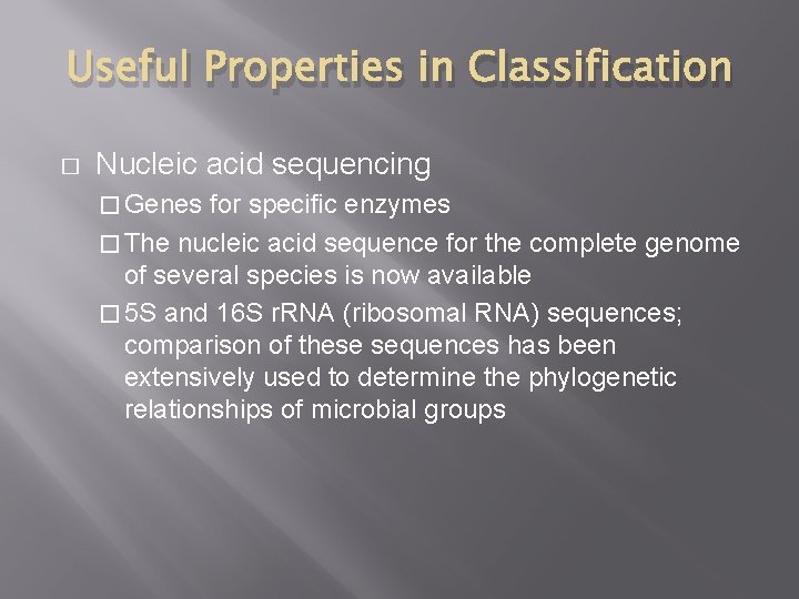 Useful Properties in Classification � Nucleic acid sequencing � Genes for specific enzymes � Useful Properties in Classification � Nucleic acid sequencing � Genes for specific enzymes �