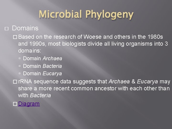 Microbial Phylogeny � Domains � Based on the research of Woese and others in Microbial Phylogeny � Domains � Based on the research of Woese and others in