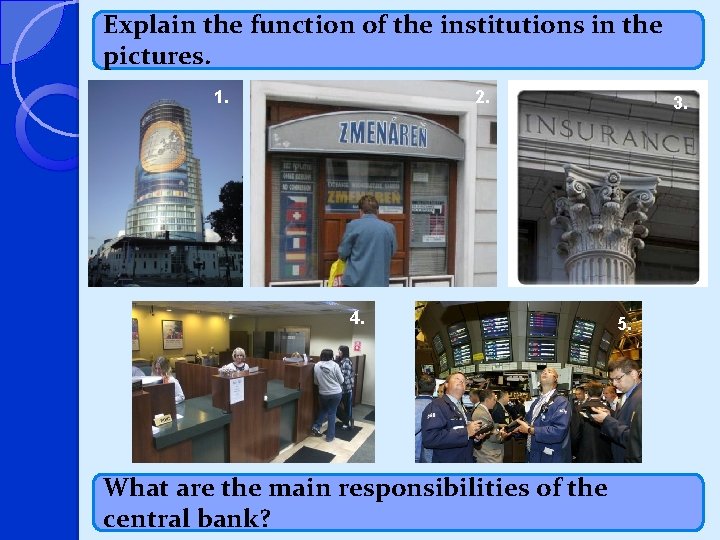 Explain the function of the institutions in the pictures. 1. 2. 4. What are