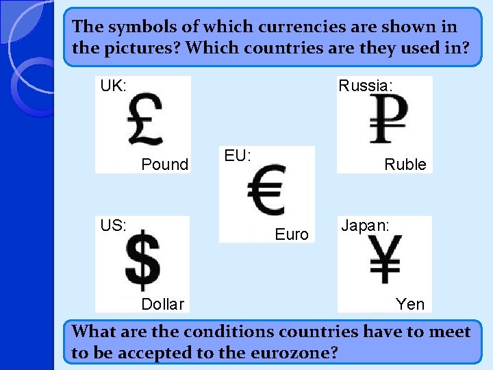 The symbols of which currencies are shown in the pictures? Which countries are they
