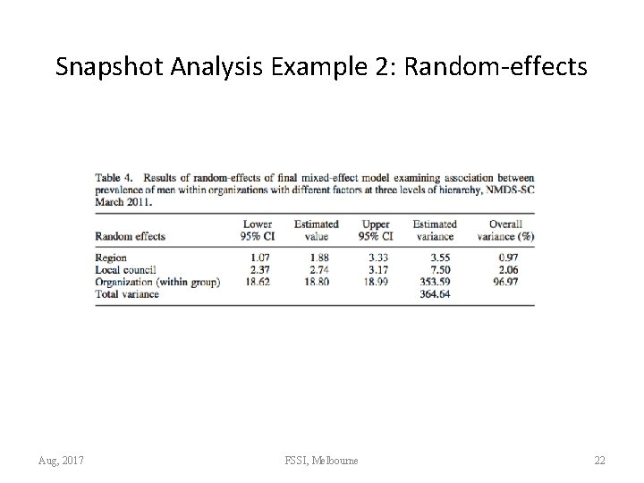 Snapshot Analysis Example 2: Random-effects Aug, 2017 FSSI, Melbourne 22 
