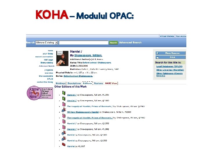KOHA – Modulul OPAC: 